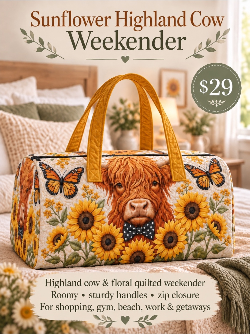 Sunflower Highland Cow Weekender Bag - Yellow